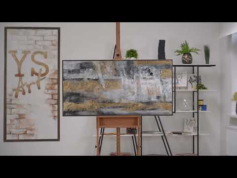 Pintura acrílica abstracta con acentos dorados sobre lienzo